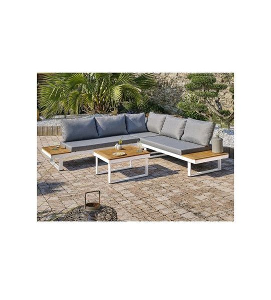 Lage tuinmeubelen - Aluminium - DCB GARDEN - 5 plaatsen - Wit en acaciahout - MIYAKO