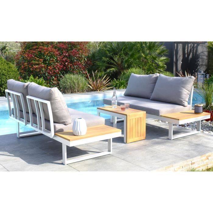 DCB3700286487706-2.jpg Modulaire tuinmeubelen - Aluminium - DCB GARDEN - 4 plaatsen - TOKYO - Wit en acaciahout - Afbeelding 3