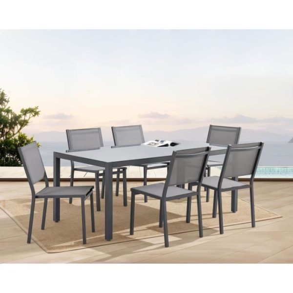 Tuinset: tafel 160 cm + 6 stoelen - Aluminium structuur - Antracietgrijs
