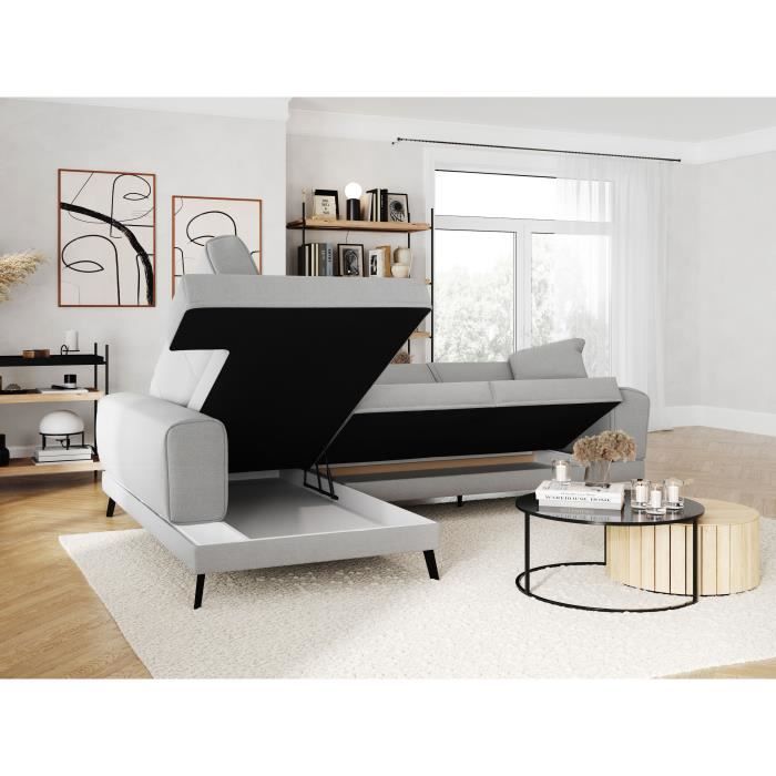 IMPERIALENJOY21G-1.jpg IMPERIAL 5-zits converteerbare hoekbank links - Lichtgrijze stof - 2 opbergdozen - L304 x D212 x H86 cm - Afbeelding 2