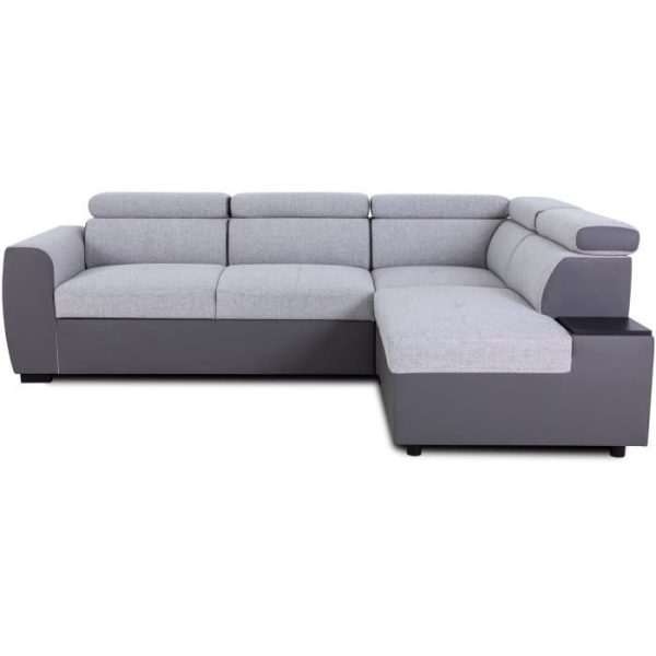 Omkeerbare hoekbank - 4/5 zitplaatsen - KELIO - Silex PU bi-materiaal stof / Grijs - 3 hoofdsteunen - 245 x 184 x 77/87 cm