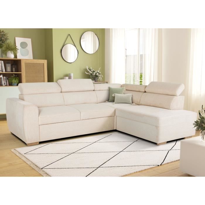 KELIOA138236-1.jpg Omkeerbare hoekbank - 4 plaatsen - KELIO - Beige ribfluweel stof - 245 x 184 x 87cm - Afbeelding 2