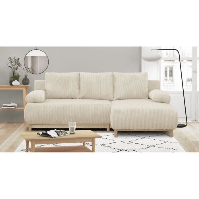 MIKACDPOSO105-1.jpg MIKA 3-zits converteerbare hoekbank rechts - Beige ribfluweel - Opbergdoos - L218 x D98/145 x H84 cm - Afbeelding 2
