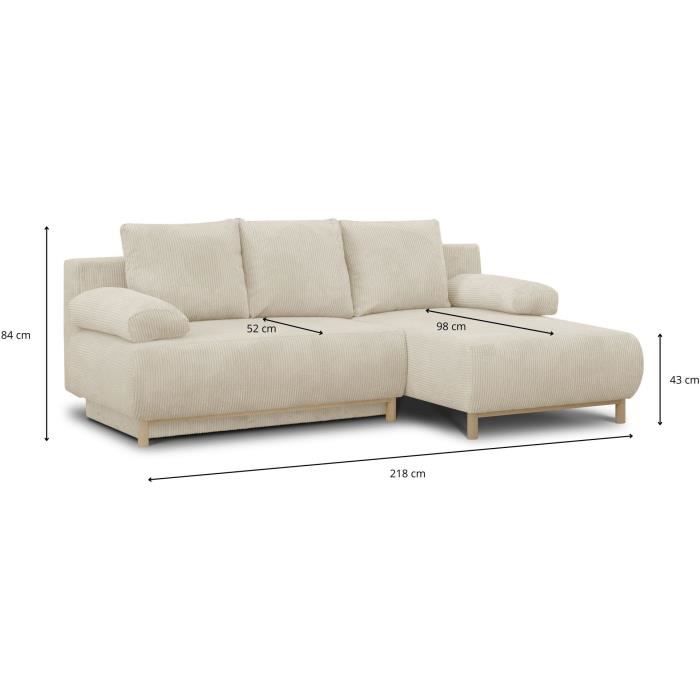 MIKACDPOSO105-4.jpg MIKA 3-zits converteerbare hoekbank rechts - Beige ribfluweel - Opbergdoos - L218 x D98/145 x H84 cm - Afbeelding 5