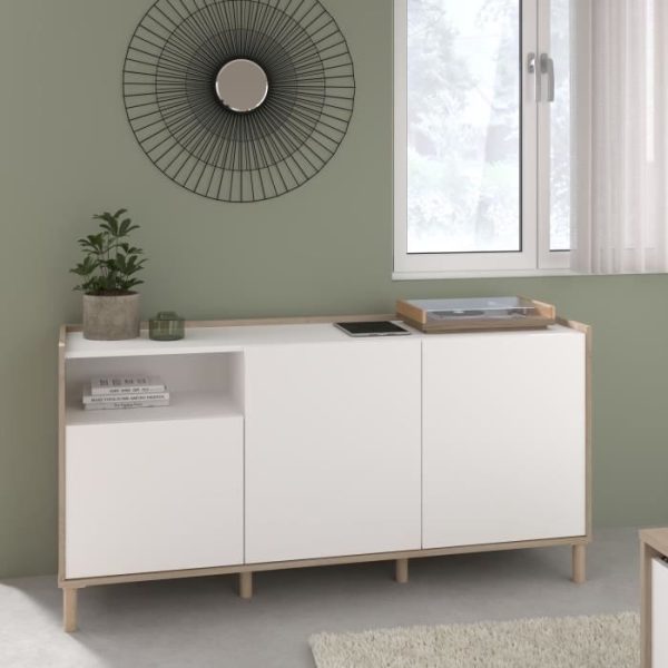 MORPHOS dressoir - L 150 x D 40 x H 74,5 cm - Wit / Eiken decor - 3 deuren - PARISOT
