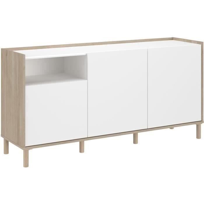 MORPHOS0400EN3P-1.jpg MORPHOS dressoir - L 150 x D 40 x H 74,5 cm - Wit / Eiken decor - 3 deuren - PARISOT - Afbeelding 2