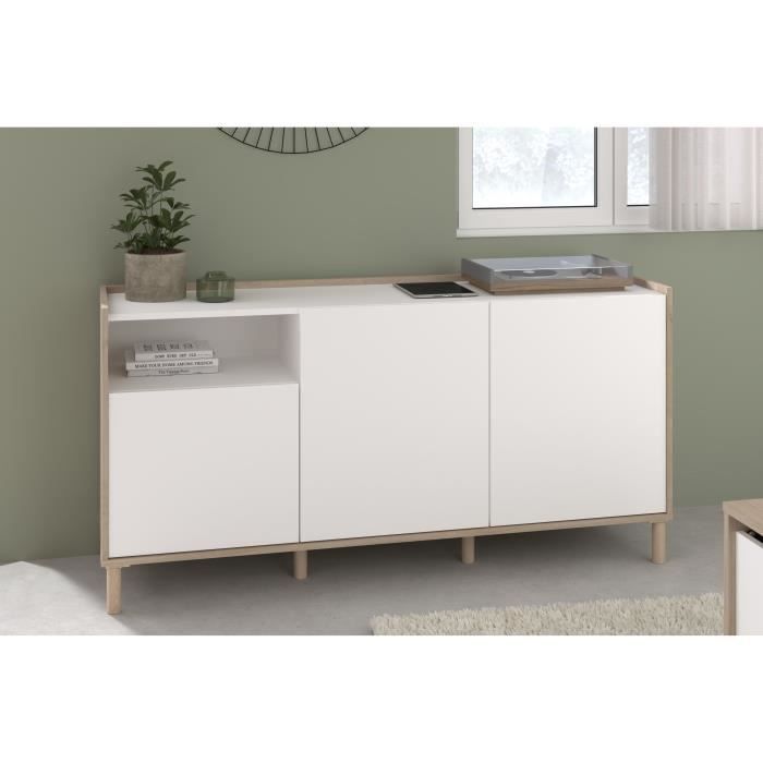 MORPHOS0400EN3P-2.jpg MORPHOS dressoir - L 150 x D 40 x H 74,5 cm - Wit / Eiken decor - 3 deuren - PARISOT - Afbeelding 3