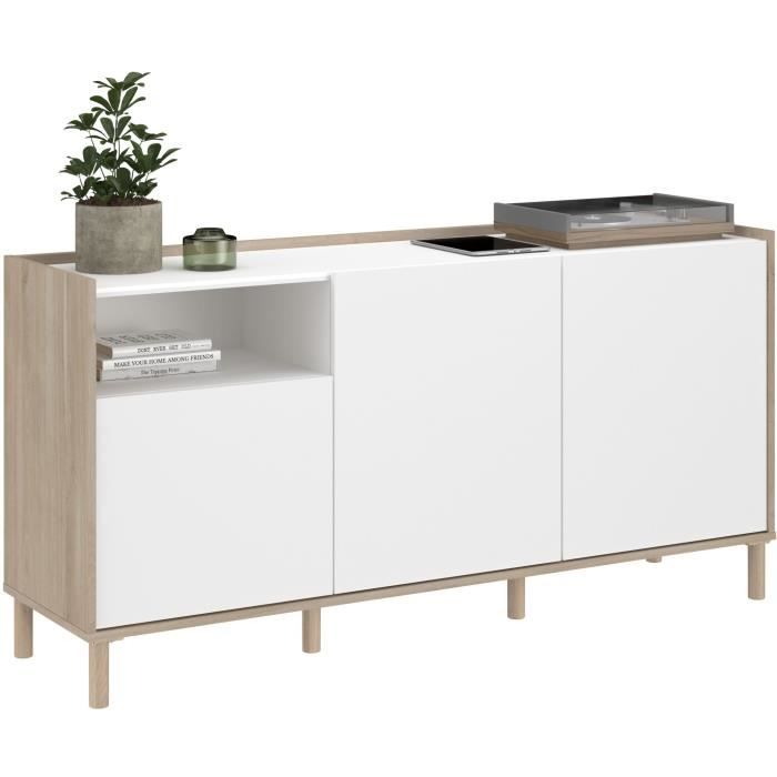 MORPHOS0400EN3P-5.jpg MORPHOS dressoir - L 150 x D 40 x H 74,5 cm - Wit / Eiken decor - 3 deuren - PARISOT - Afbeelding 6