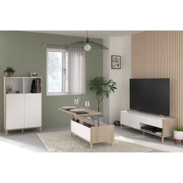 MORPHOS0400ENS1-0.jpg Woonkamermeubelset - tv-meubel, opklapbare salontafel, hoog dressoir - MORPHOS - Wit / Eiken decor - PARISOT - Afbeelding 1