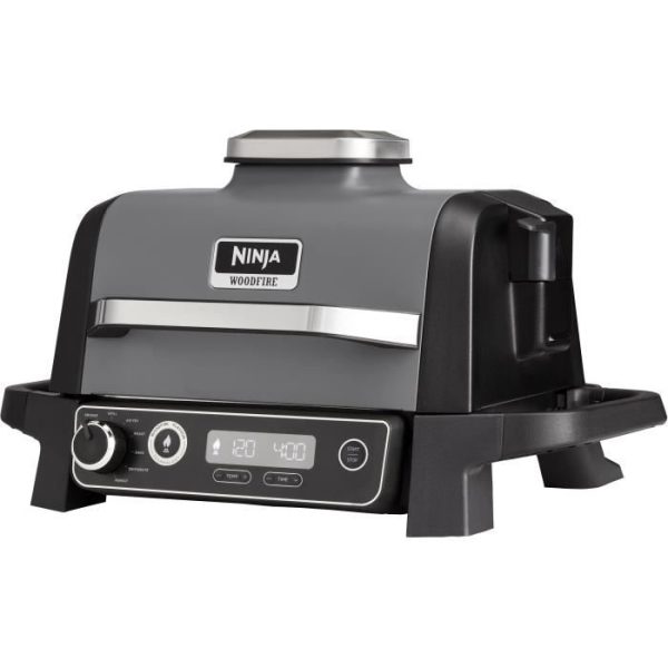 NINJA Elektrischer Grill und Räucherofen - Holzkohle - OG701EU - Grill, Räucherofen & Heißluftfritteuse - Antihaftbeschichtung - Grau und Schwarz