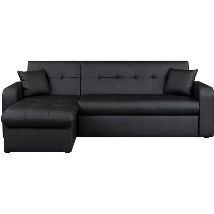 ROMANNOIRM1100-0.jpg ROMAN Converteerbare hoekbank 3-zits + opbergdoos - Zwarte imitatie - Modern - L 235 x D 85 - 153 cm - Afbeelding 1