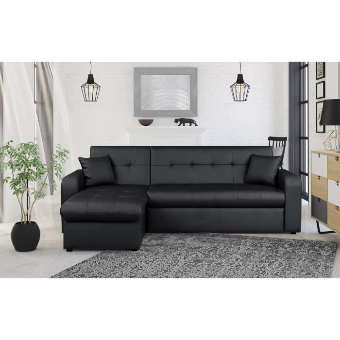 ROMANNOIRM1100-1.jpg ROMAN Converteerbare hoekbank 3-zits + opbergdoos - Zwarte imitatie - Modern - L 235 x D 85 - 153 cm - Afbeelding 2