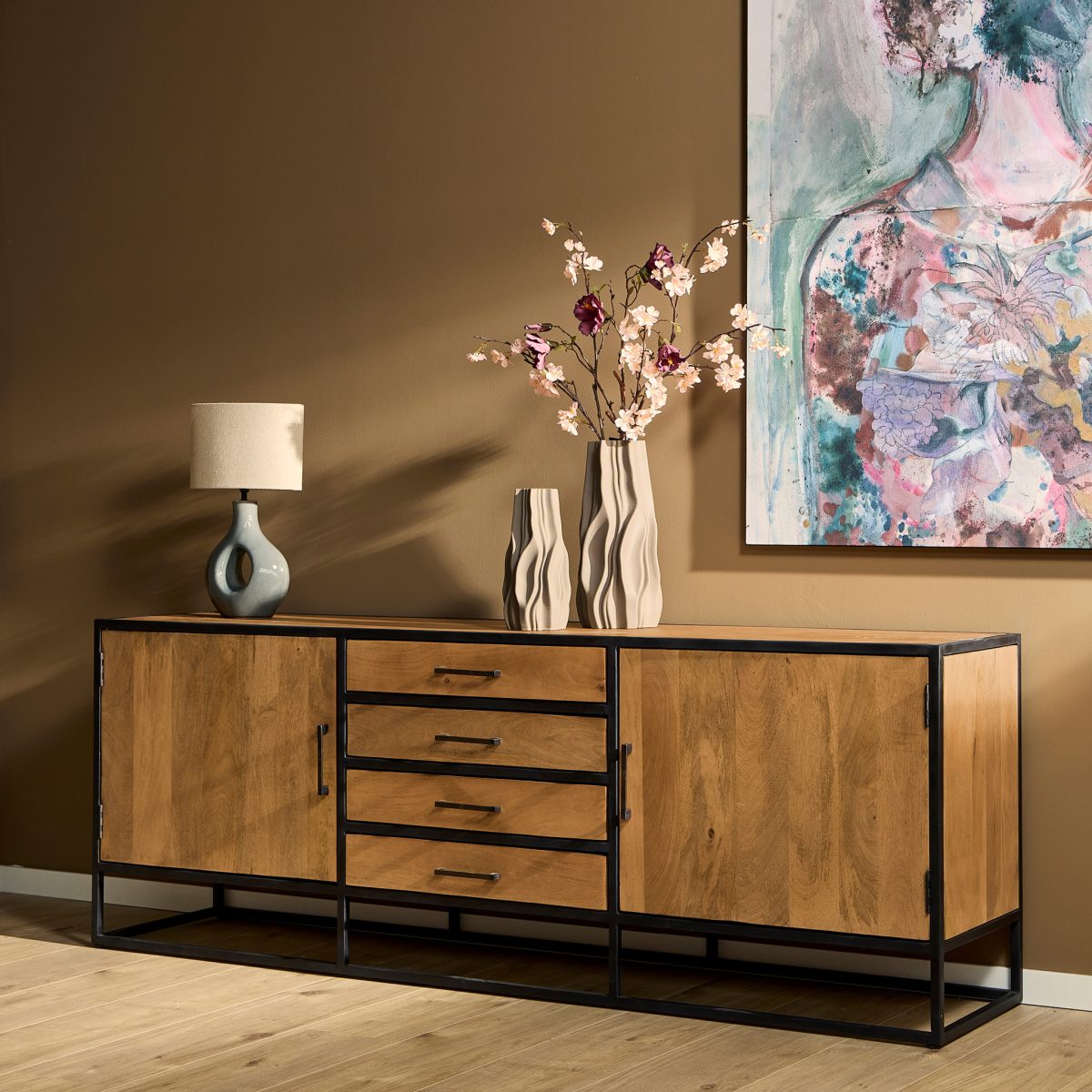 Dressoir Denver | Mangohout en staal | 210 cm - Afbeelding 1