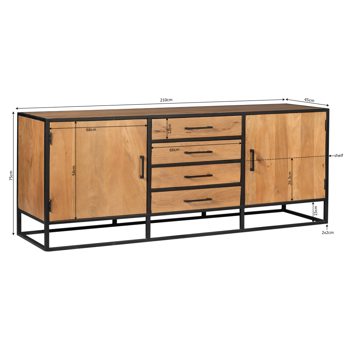 Dressoir Denver | Mangohout en staal | 210 cm - Afbeelding 4