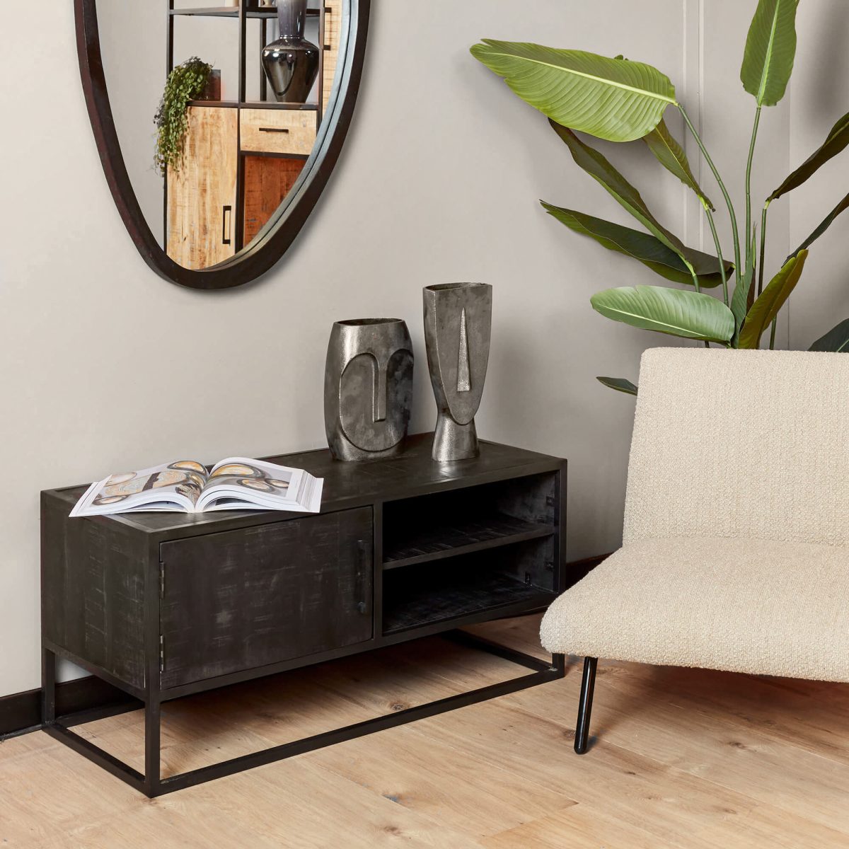 Tv-meubel Denver Zwart 100 cm | Mangohout en staal - Afbeelding 1