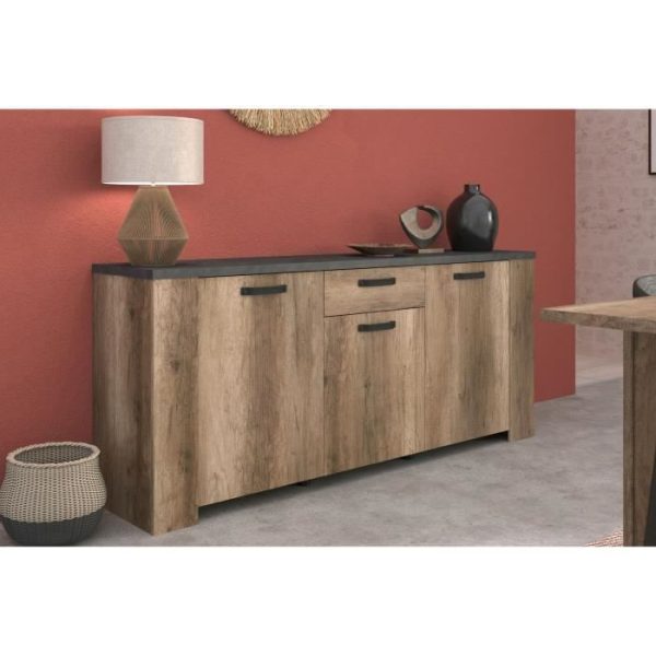 Dressoir - STEIN - Eiken en stoomzwart - 3 deuren - 1 lade - 182 x 40 x 78 cm - PARISOT