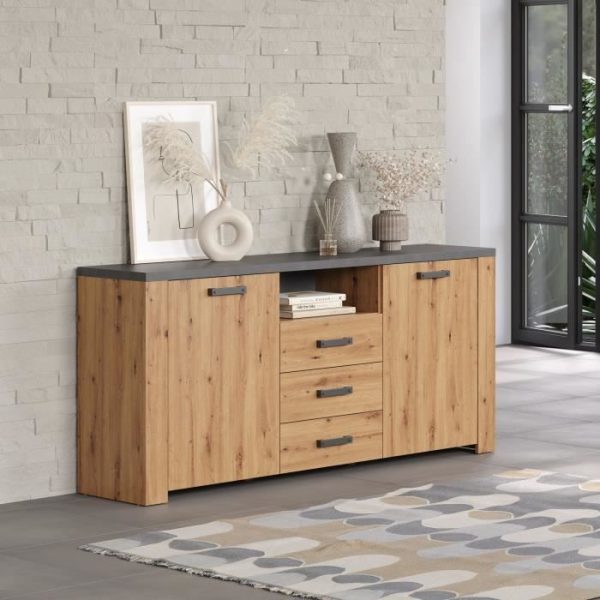FOLLOW dressoir - Ambachtsman eiken en leigrijs melamine - 2 Deuren + 3 Laden - L180 x D40 x H83 cm - TRENDTEAM