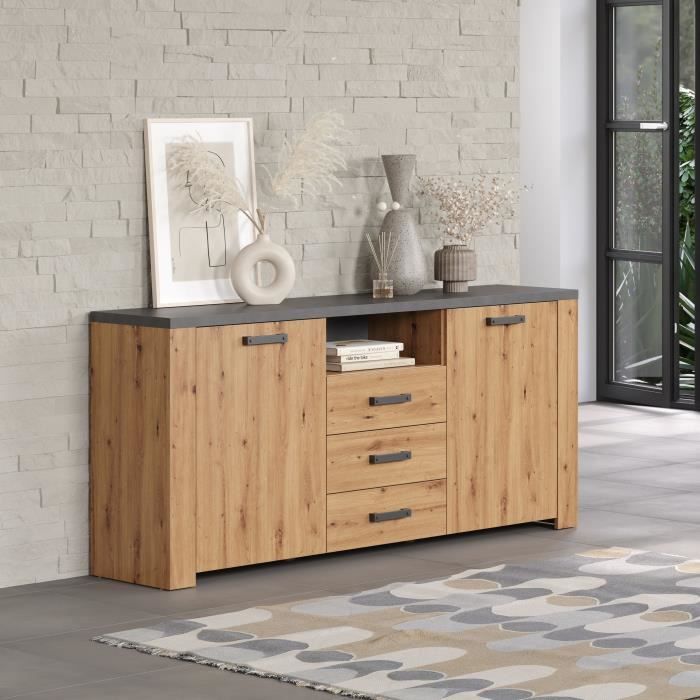 TRE4251737628593-0.jpg FOLLOW dressoir - Ambachtsman eiken en leigrijs melamine - 2 Deuren + 3 Laden - L180 x D40 x H83 cm - TRENDTEAM - Afbeelding 1