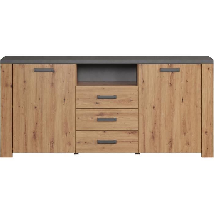 TRE4251737628593-3.jpg FOLLOW dressoir - Ambachtsman eiken en leigrijs melamine - 2 Deuren + 3 Laden - L180 x D40 x H83 cm - TRENDTEAM - Afbeelding 4