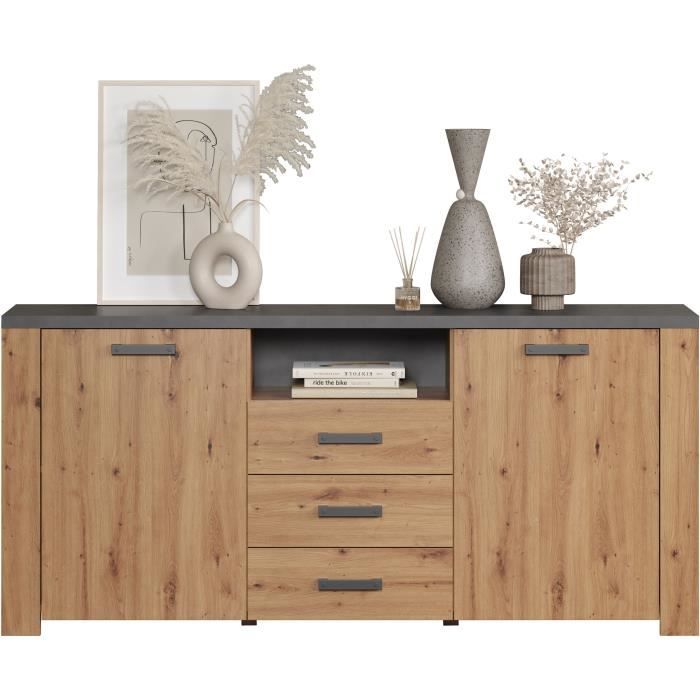 TRE4251737628593-4.jpg FOLLOW dressoir - Ambachtsman eiken en leigrijs melamine - 2 Deuren + 3 Laden - L180 x D40 x H83 cm - TRENDTEAM - Afbeelding 5