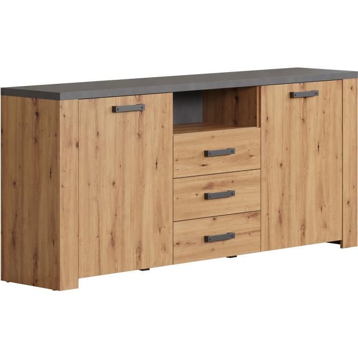 TRE4251737628593-5.jpg FOLLOW dressoir - Ambachtsman eiken en leigrijs melamine - 2 Deuren + 3 Laden - L180 x D40 x H83 cm - TRENDTEAM - Afbeelding 6