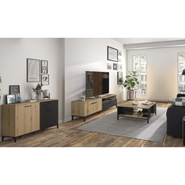 TV-meubel, salontafel en lage dressoirset - TRUST - Eiken/Zwart - GAMI