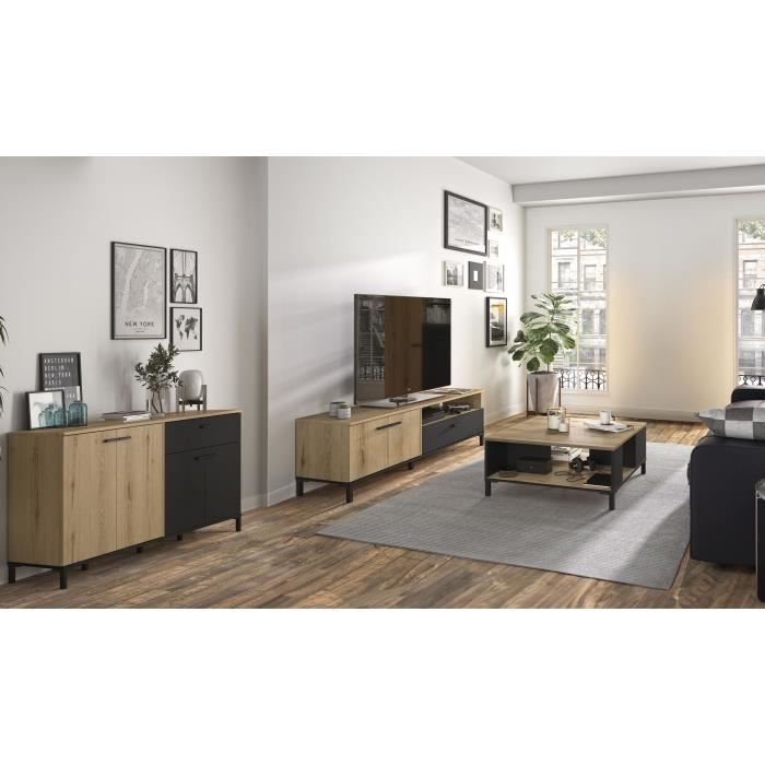 TRUST1J0J900-0.jpg TV-meubel, salontafel en lage dressoirset - TRUST - Eiken/Zwart - GAMI - Afbeelding 1