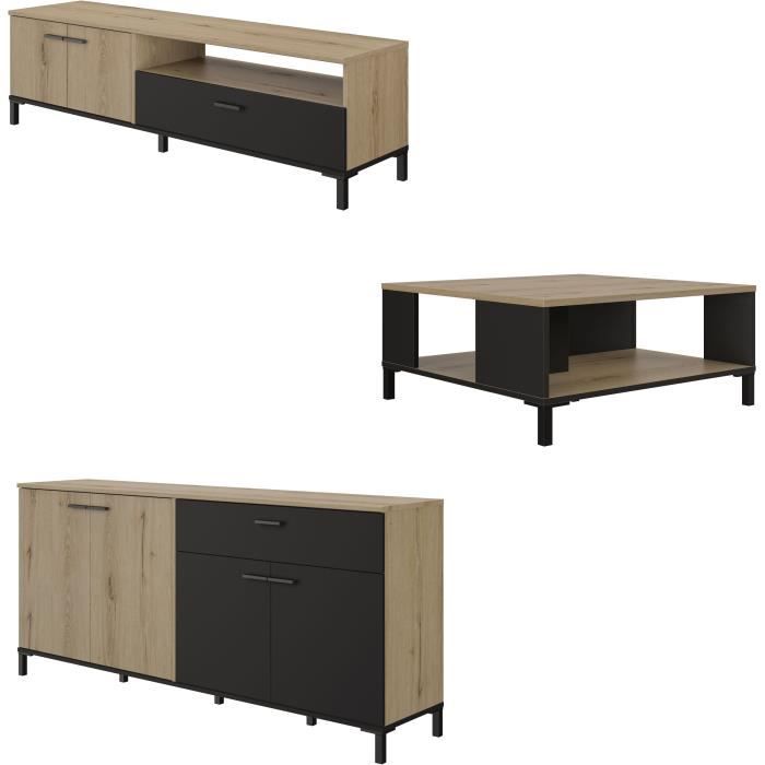 TRUST1J0J900-1.jpg TV-meubel, salontafel en lage dressoirset - TRUST - Eiken/Zwart - GAMI - Afbeelding 2