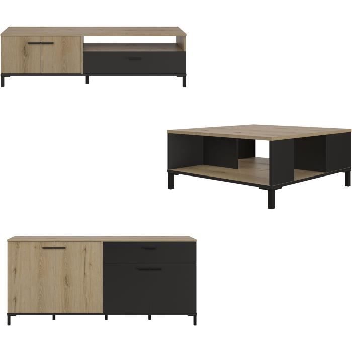 TRUST1J0J900-2.jpg TV-meubel, salontafel en lage dressoirset - TRUST - Eiken/Zwart - GAMI - Afbeelding 3