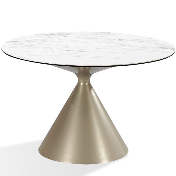 Winston ronde eettafel met stenen blad en metalen onderstel in havermelk en champagne