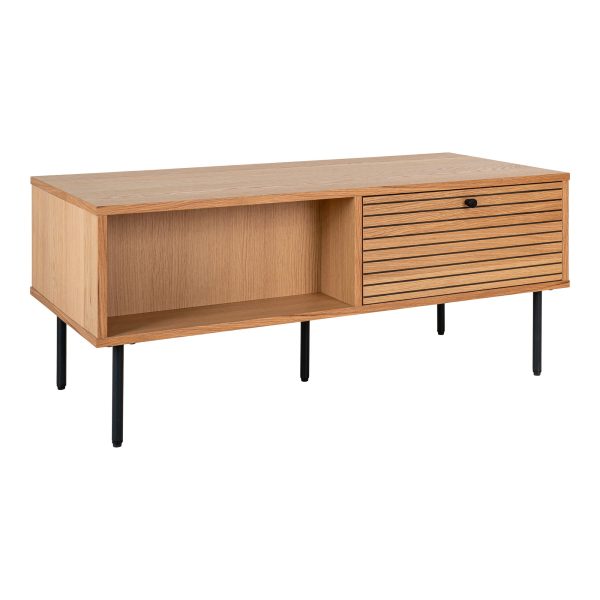 Kyoto Salontafel - Salontafel, 2 lades, eikenfineer, naturel, zwarte metalen poten 50x100x45 cm